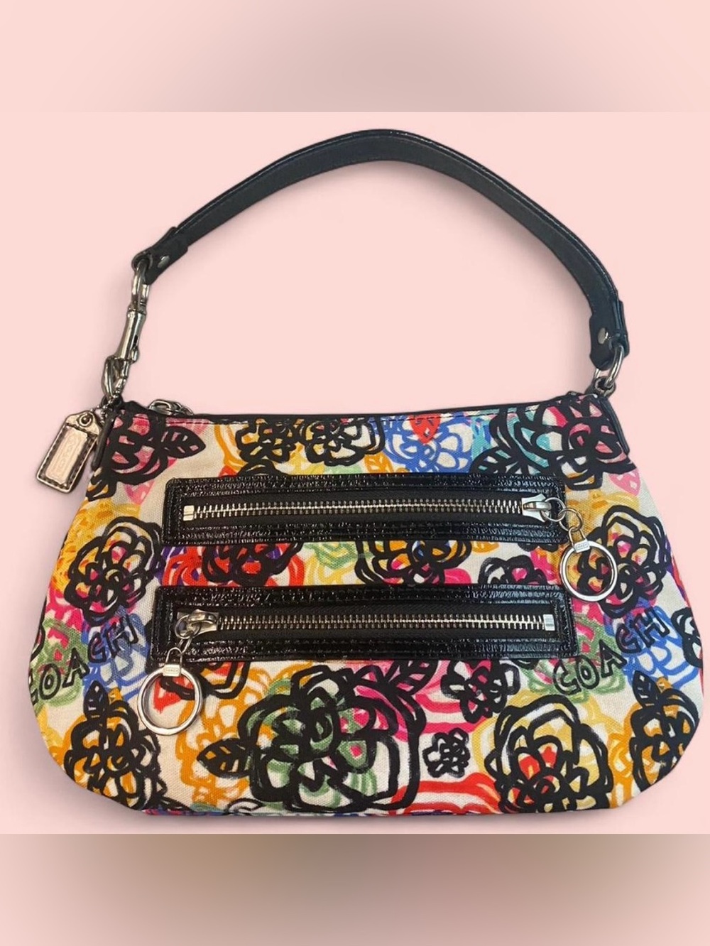 RARE Coach Multicolor Floral Graffiti Shoulder Bag with Black Trim